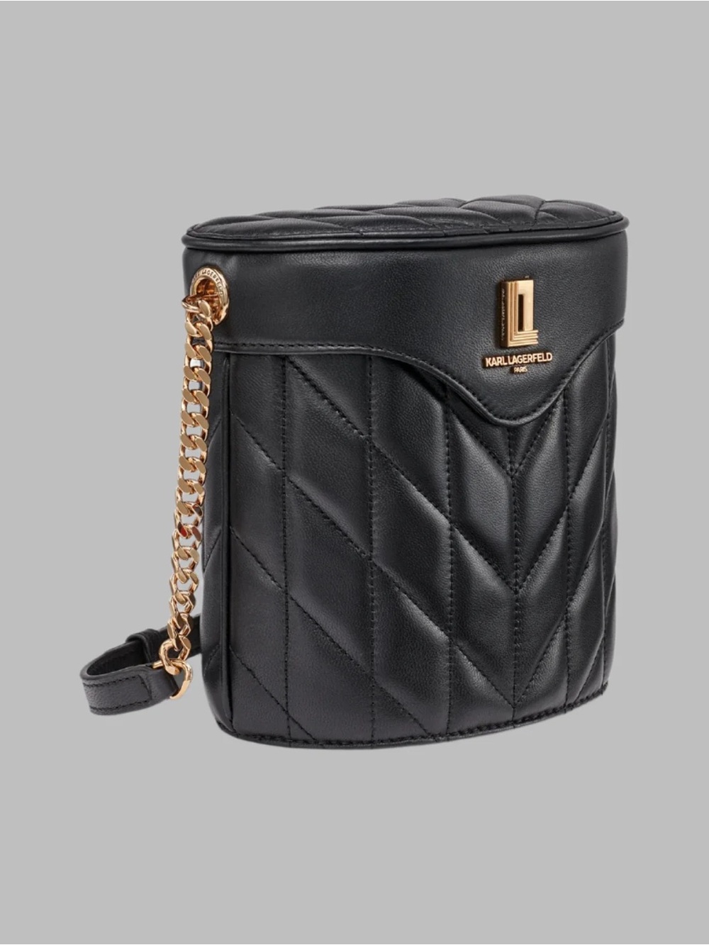 Karl Lagerfeld Black Quilted Cylinder Crossbody with Gold Chain
